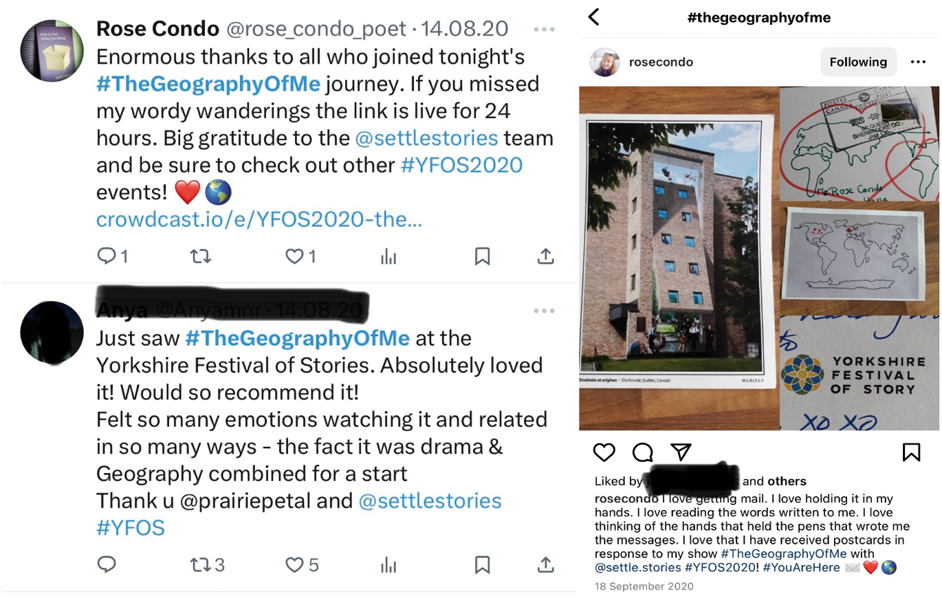 Figure 3 
          Social media posts by Condo and an audience member following the performance of The Geography of Me at Yorkshire Festival of Story 2020. Screenshots.
        