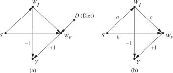 Figure 2: (a) Lord’s model, showing Initial Weight (WI)$({W_I})$ as a mediator between Sex (S$S$) and Final Weight (WF)$({W_F})$. (b) A linear version of (a).