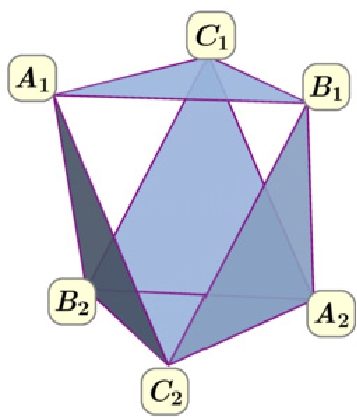 Figure 11 The simplicial complex of ai-expressible sets for the Spiral inflation of the Triangle scenario (Fig. 3). The 5 facets correspond to the maximal ai-expressible sets, namely {A1B1C1}\{{A_{1}}{B_{1}}{C_{1}}\}, {A1B2C2}\{{A_{1}}{B_{2}}{C_{2}}\}, {A2B1C2}\{{A_{2}}{B_{1}}{C_{2}}\}, {A2B2C1}\{{A_{2}}{B_{2}}{C_{1}}\} and {A2B2C2}\{{A_{2}}{B_{2}}{C_{2}}\}.