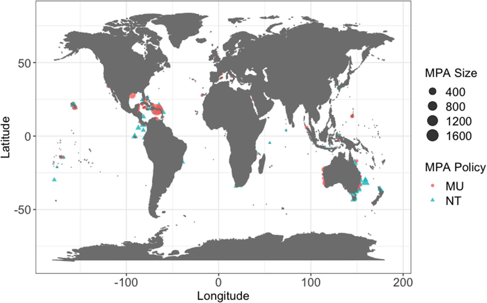 Figure 1 
               Map showing MPA location, size and policy type (MU = multi-use, NT = no-take); MPA policies are present by the majority within each MPA.
            