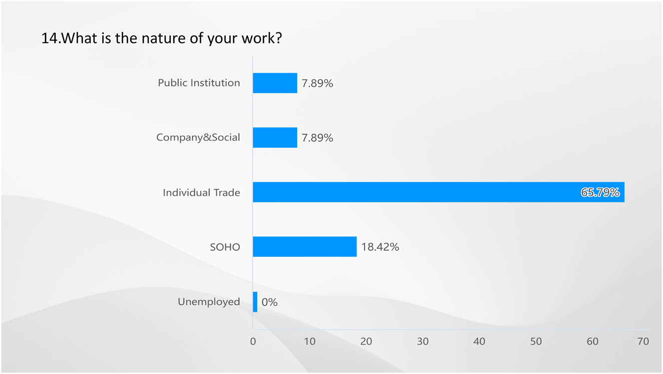 Figure 13: 
Result of Q14-what is the nature of your work? Source: own elaboration (2023).
