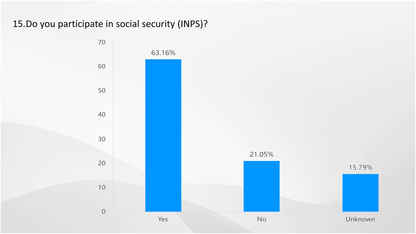 Figure 14: 
Result of Q15-do you participate in social security (INPS)? Source: own elaboration (2023).
