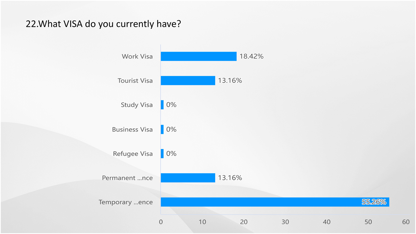 Figure 21: 
Result of Q22-what VISA do you currently have? Source: own elaboration (2023).

