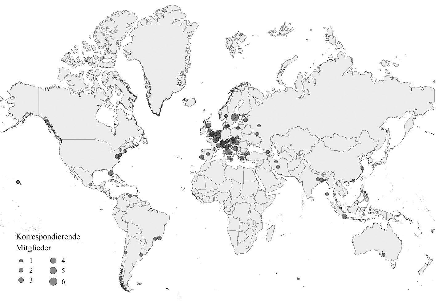 Abbildung 1 Geografische Verteilung und Anzahl der korrespondierenden Mitglieder im Jahr 1899 (heutige Grenzen zur Orientierung).
Darstellung: Simon Fager, Geographisches Institut, Humboldt-Universität zu Berlin, auf Basis von OpenStreetMap (Stand: Januar 2024).	
