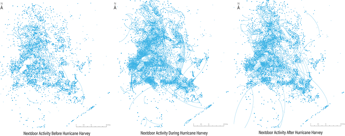 Figure 1: Maps of interactions between Nextdoor Neighborhoods before, during, and after Hurricane Harvey.