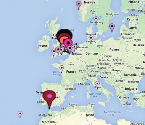 Figure 1: Pepys diary locations in Europe and North Africa (Jan/Jun/Oct. 1660 and 1666).