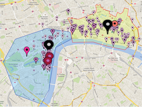 Figure 2: Pepys diary locations in the City (right) and at Westminster (left) (Jan/Jun/Oct. 1660 and 1666).