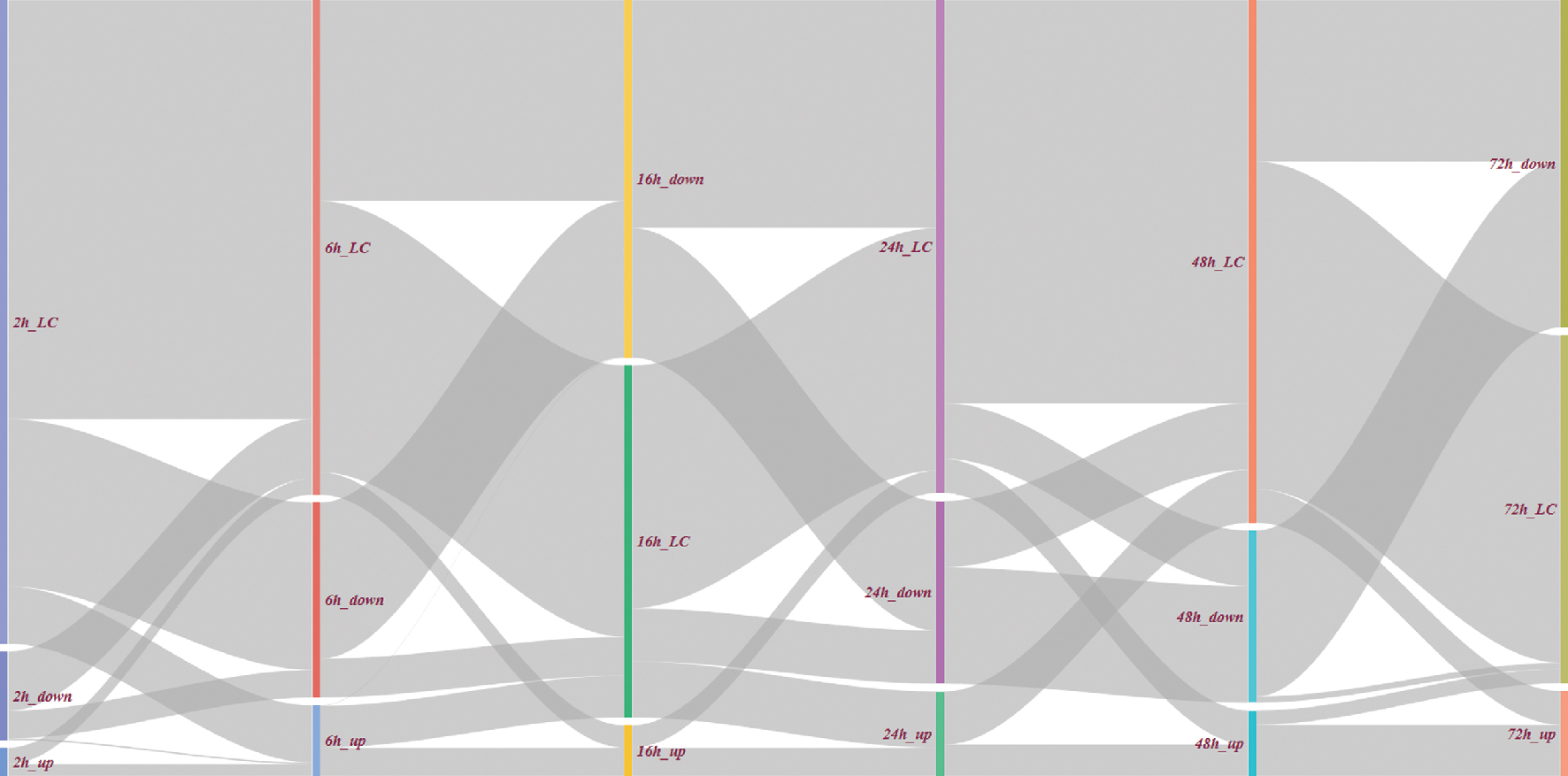 Figure 4: Groups of differentially expressed genes between pairs of consecutive timepoints. The number of genes is the same for each timepoint. Genes, which are differentially expressed in only one time point are prefixed with “_LC” in all others (LC; low-change). This example is the response of U87-MG cell lines to Camptothecin which shows, that the effect is highest after 16 h and 72 h (the smallest amount of LC), the biggest change in the series is also from/to 16 h and 72 h and there are virtually no genes changing between up- and down-regulated (only the little line from “2 h_up” and “6 h_down”).