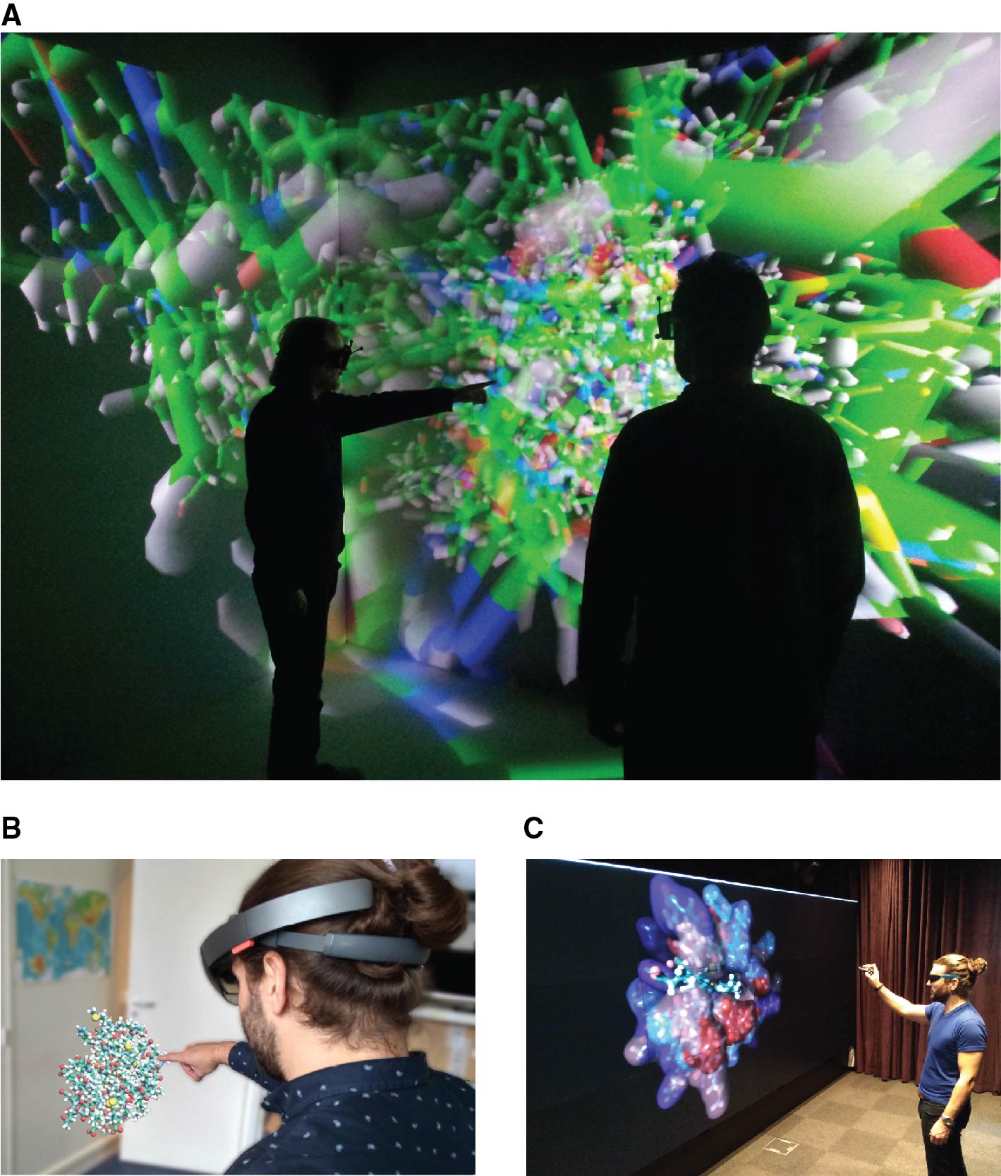 Figure 1: Immersive, augmented reality, and screen wall environments used for molecular visualization: (A) EVE platform, a multi-user CAVE-system composed of 4 screens (LIMSI-CNRS/VENISE team, Orsay), (B) Microsoft Hololens and (C) screen wall of 8.3 m2 composed of 12 screens at full HD resolution with 120 Hz refresh rate in stereoscopy (IBPC-CNRS/LBT, Paris).