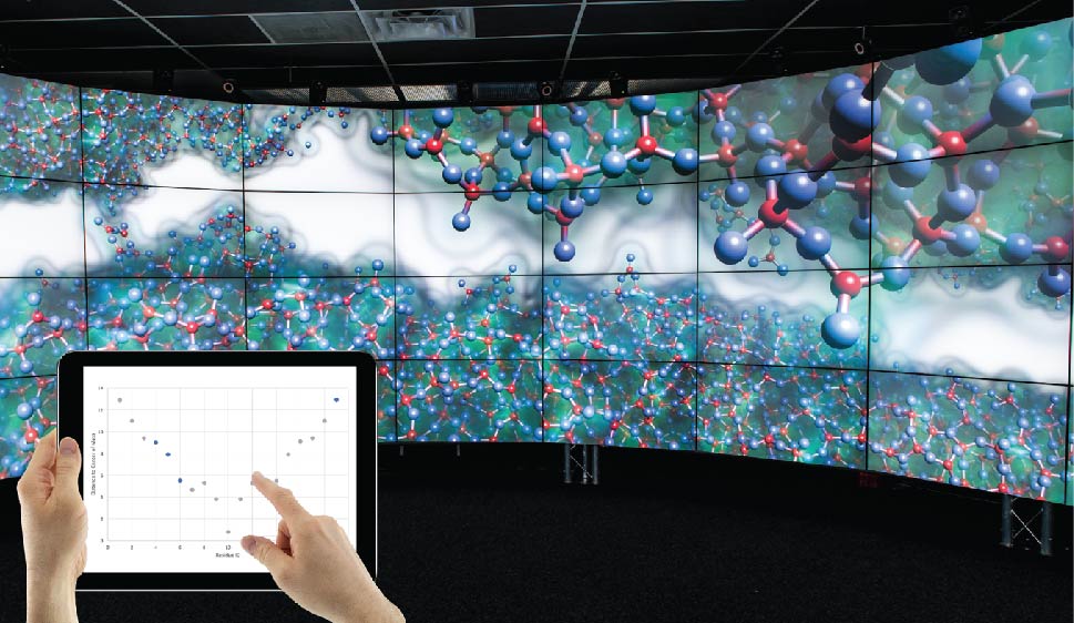 Figure 9: Platform illustration in a hybrid environment made of a 3D immersive CAVE2 system (EVL/UIC, Chicago) together with a graphical tablet for 2D analytical representation.