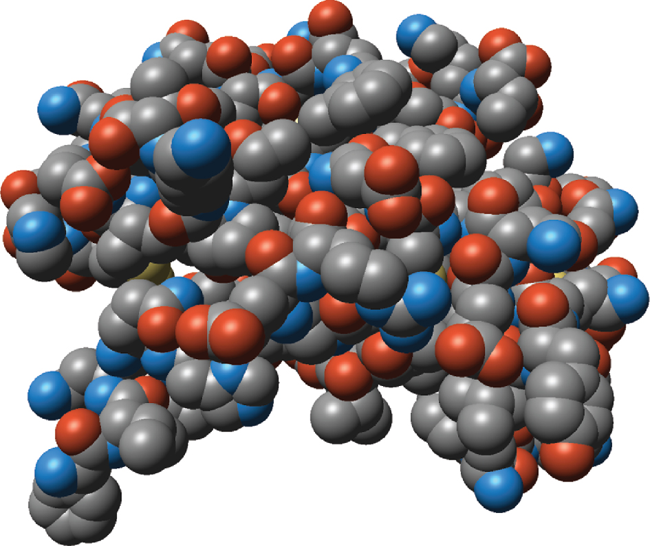 Figure 1: Rendering of the space-filling model for a small protein (PDB ID: 1RWE) coloured by element.