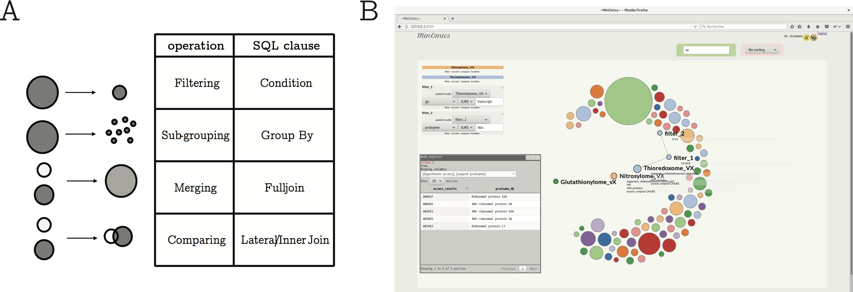 Figure 5: MinOmics query builder and web visualization. Structured query language offers relevant clauses to explore biological datasets as summarized in panel (A). Diving into subsets of big data is performed through interactive web tools that control the relations and constraints of the query builder depicted in panel (B).