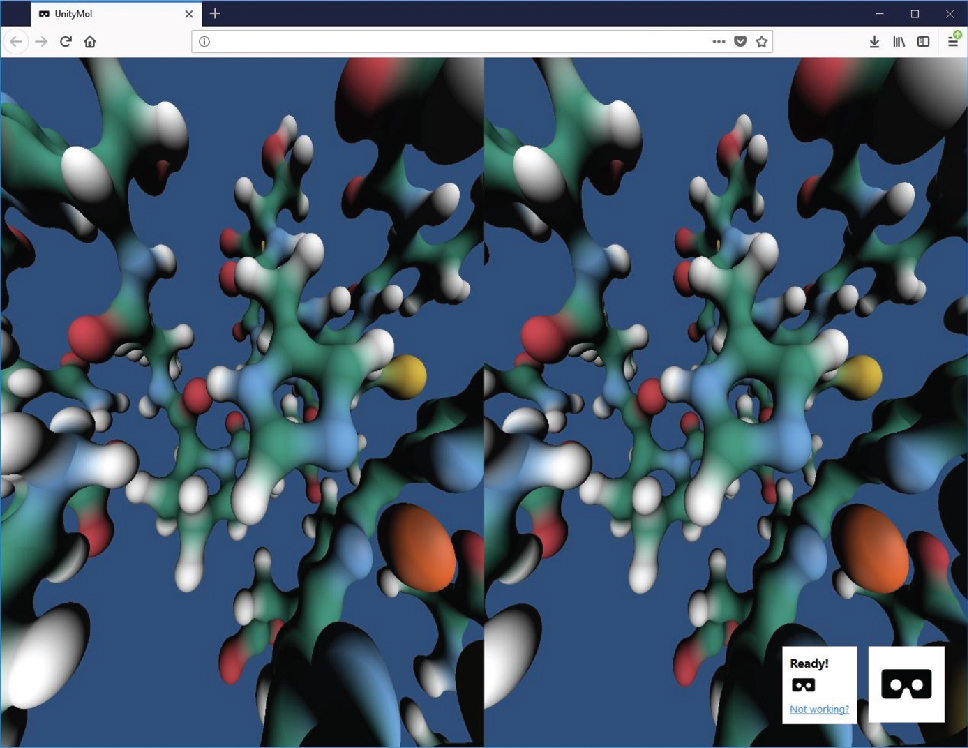 Figure 6: Screen capture of UnityMol WebGL+WebVR. The Firefox web browser (version 55 and up) hosts the WebVR version of UnityMol as integrated to MinOmics. Different devices can be addressed, here full-fledged HMDs, but possibly also Google cardboard-like simple setups could be used to share immersive MinOmics views outside of our local setup. Interaction devices yet need to be implemented and configured for a more efficient use of this functionality.