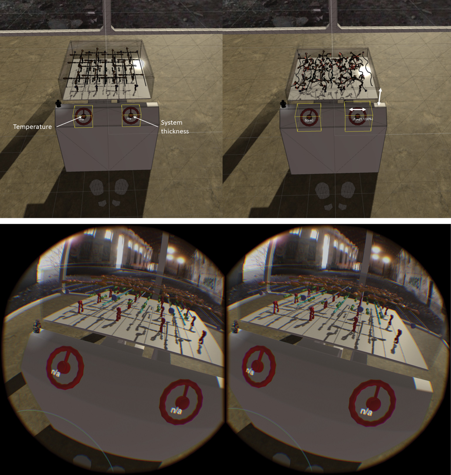 Figure 4: View of the simulation environment from the editor (top) and from the head mounted display (bottom). Top right shows what happens when the dial controlling thickness is interacted with.