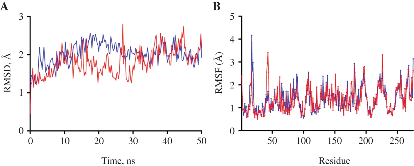 Figure 4: (A) RMSD values of Cα atoms and (B) RMSF values of residues in chain A of ALQTGITLV-4PRN (red) and VPSSSTPL-3OX8 (blue) complexes