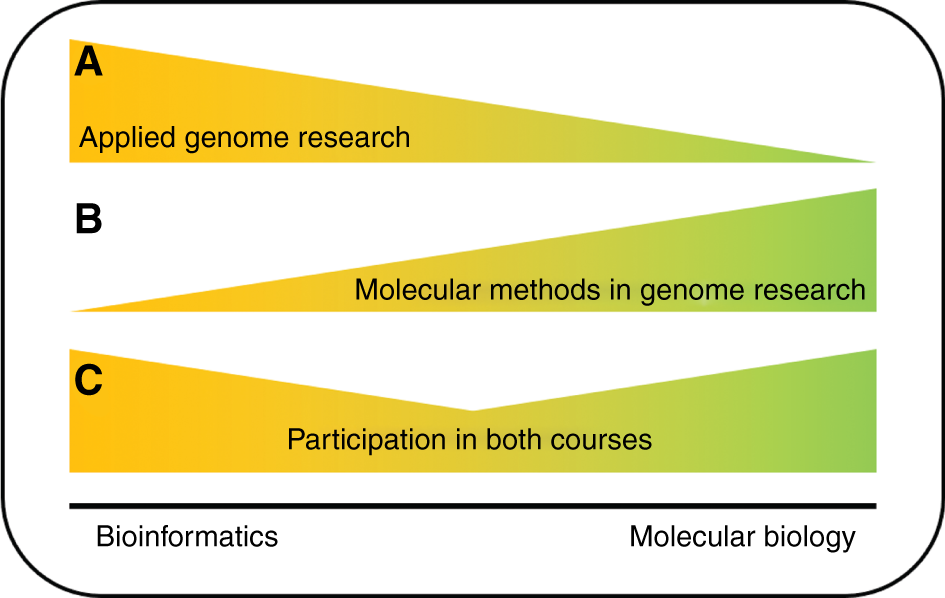 Figure 1: Course content focus.The complementing design of two courses integrates bioinformatics and molecular biology education. The proportion of bioinformatics content (yellow) and molecular biology content (green) is illustrated for the courses “Applied Genome Research” (A), “Molecular Methods in Genome Research” (B), and for the combination of both courses (C).