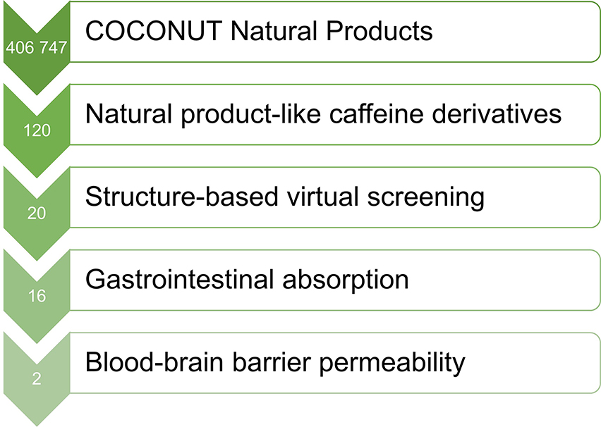 Figure 7: 
Step-wise structure and ADMET-based screening of the selected  natural product-like caffeine derivatives.