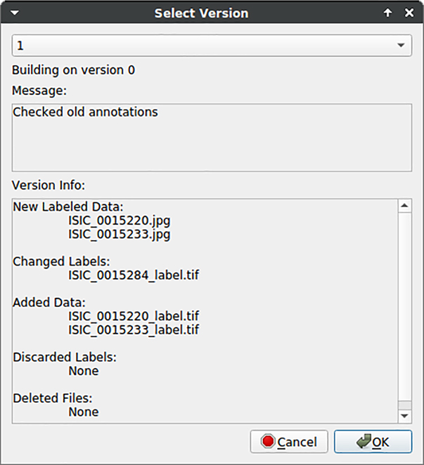 Figure 11:
Feedback of data version control to users. Changes in the dataset are listed to give feedback to users regarding different dataset versions.