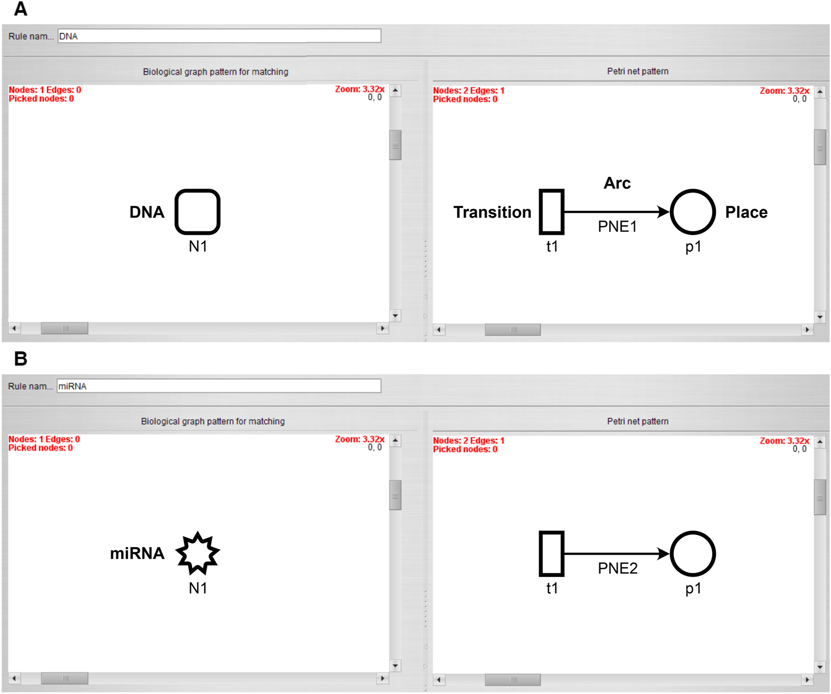 Figure 1: 
Transformation rules with the biological pattern on the left side and its Petri net representation on the right side. (A) Transformation of a DNA node and (B) transformation of a miRNA node. Both nodes are transformed to a place that is fed by a transition.
