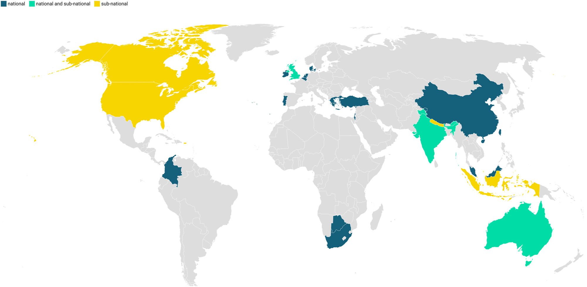 Figure 2: 
Geographical distribution of the available evidence on the effectiveness of policies that aim to reduce the consumption of SUPs by the level of policy. Countries shaded in blue introduced a national-level policy, countries shaded in yellow introduced a sub-national-level policy, and countries shaded in green have introduced both national and sub-national level policies. Created with 
Datawrapper 2025
. (Map lines delineate study areas and do not necessarily depict accepted national boundaries).