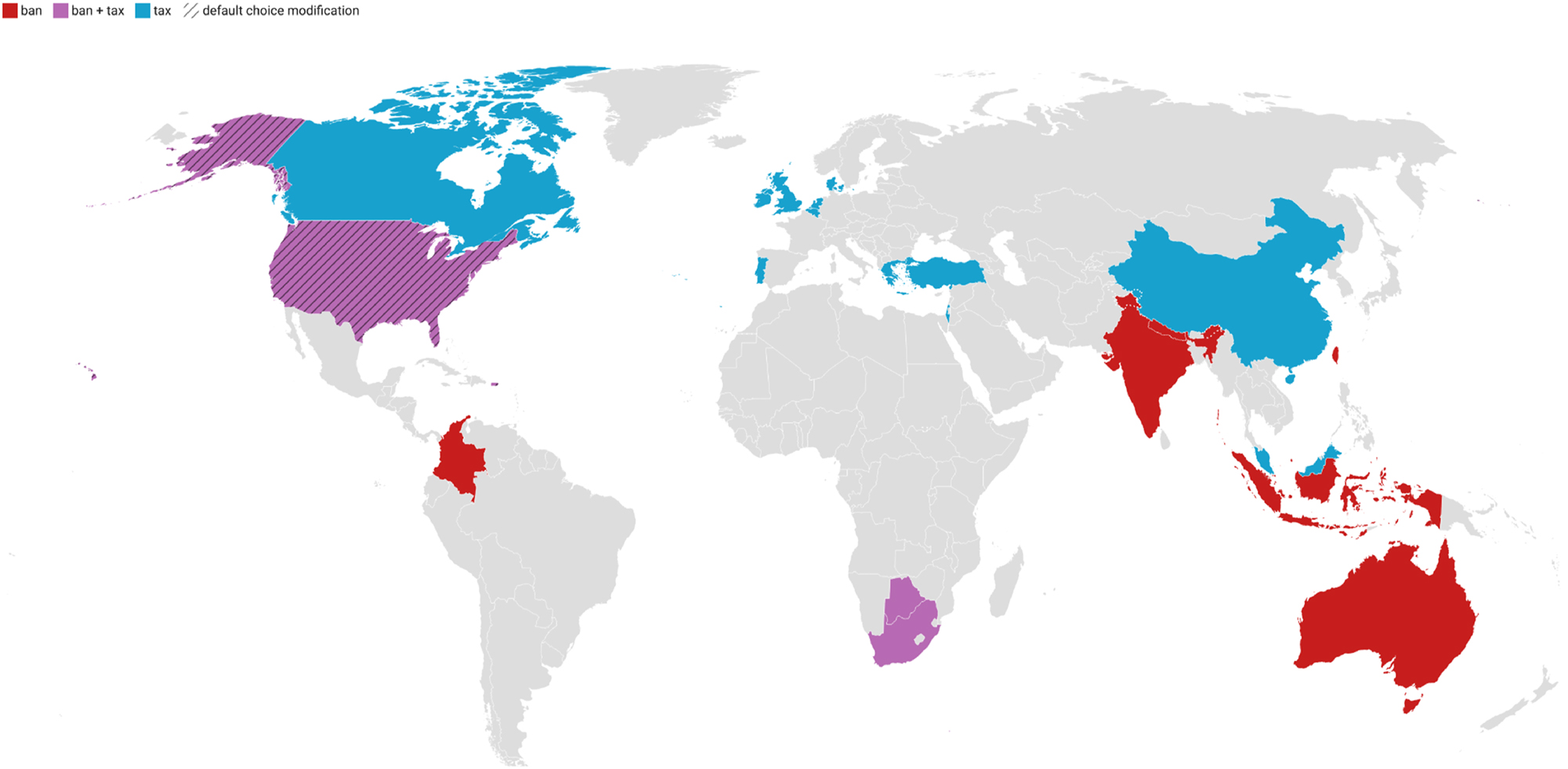 Figure 3: 
Geographical distribution of the available evidence on the effectiveness of policies that aim to reduce the consumption of SUPs by the type of policy. Countries shaded in blue implemented a tax-based policy, countries shaded in red imposed a ban, and those shaded in purple have implemented various ban and tax-based policies. A striped pattern indicates a default choice modification policy, which was unique to the United States of America. Created with 
Datawrapper 2025
. (Map lines delineate study areas and do not necessarily depict accepted national boundaries).