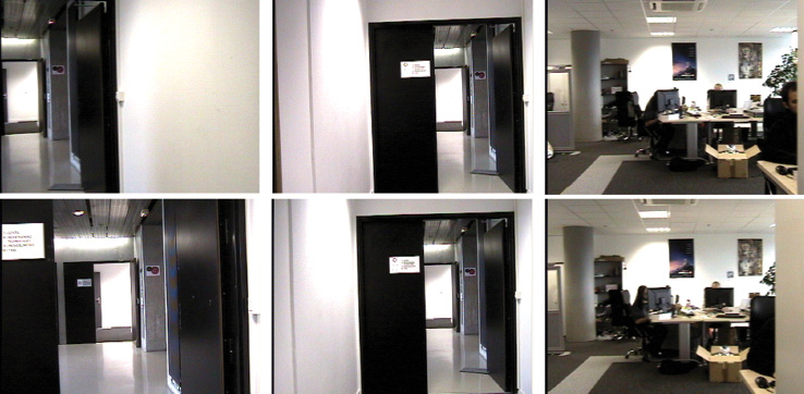 Figure 6. Examples of Loop-Closure Acceptance.First column: match accepted after epipolar geometry validation at a door crossing (Gostai sequence) with >1 m difference between robot positions. Second and third columns: matches accepted using the new validation proposed in this article with 5 cm error.