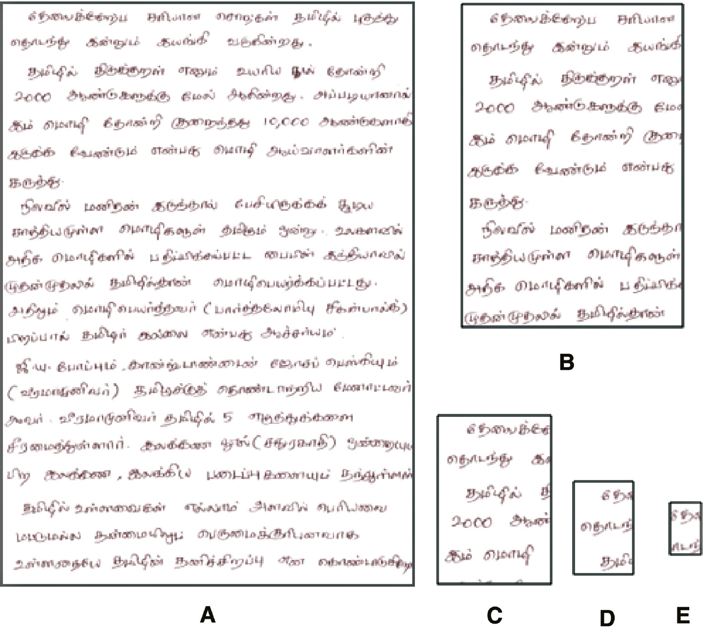 Figure 1: Illustration of (A) Handwritten Tamil Document Page after (B) First-Level (L1), (C) Second-Level (L11), (D) Third-Level (L111), and (E) Fourth-Level (L1111) Decomposition.