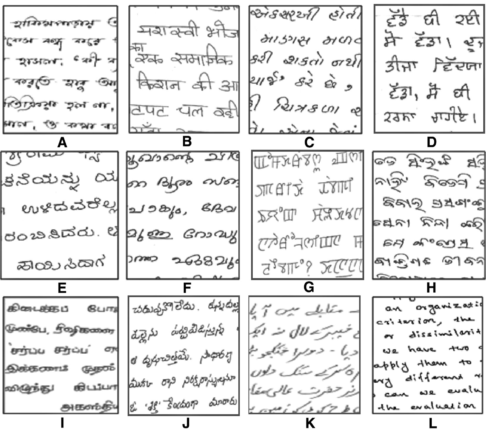Figure 4: Samples of Text Block Images, Obtained at Second-Level Quad-Tree-Based Decomposition Scheme, Written in (A) Bangla, (B) Devanagari, (C) Gujarati, (D) Gurumukhi, (E) Kannada, (F) Malayalam, (G) Manipuri, (H) Oriya, (I) Tamil, (J) Telugu, (K) Urdu, and (L) Roman scripts.