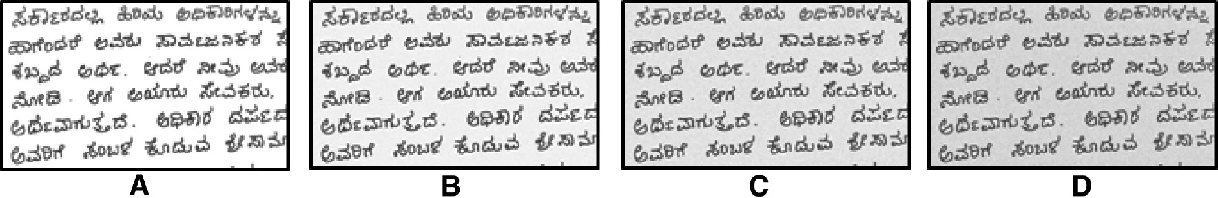 Figure 6: Illustration of (A) Original Handwritten Kannada Image at Second-Level Decomposition, and Addition of Gaussian Noise at (B) 10%, (C) 20%, and (D) 30%.