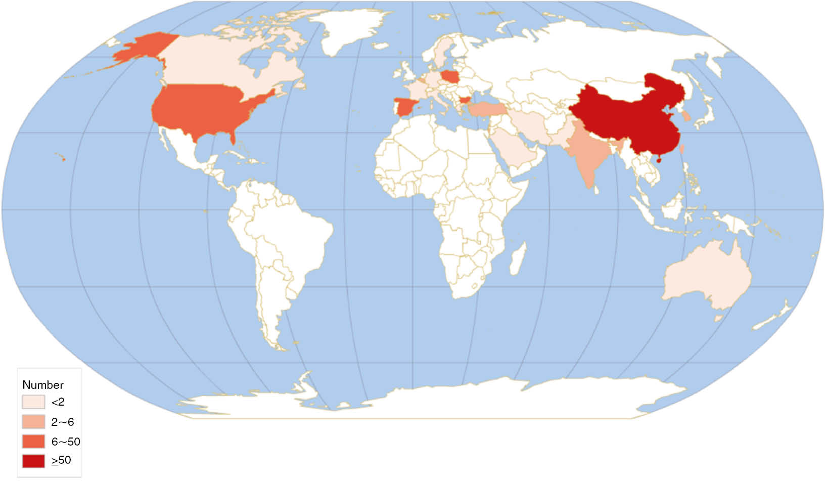 Figure 1: Global Geographic Distribution of the Highly Cited Publications in IFS.