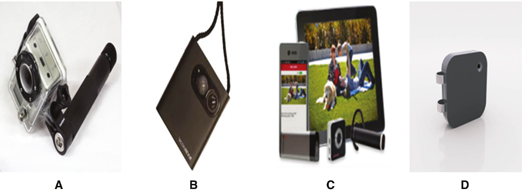Figure 1: A variety of life-logging wearable devices: (A) GoPro (2002). (B) SenseCam (2005). (C) Looxcie (2011). (D) Narrative (2013).