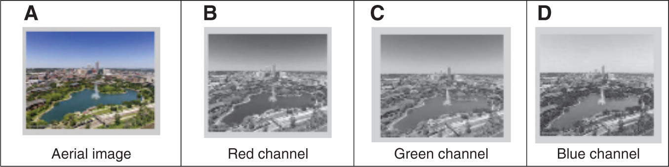 Figure 2: (A–D) Original “Aerial” Image with R, G, and B channels.