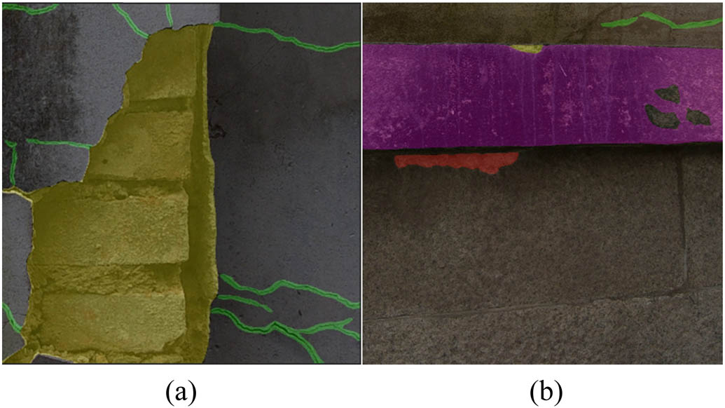 Figure 9 
                  Results of building surface defect recognition. (a) Cracking and deterioration. (b) Moss and alkalization.
               