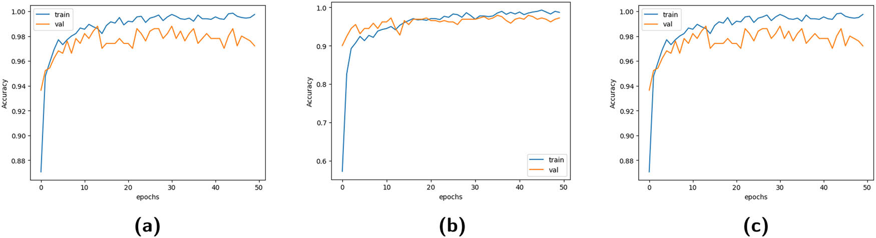 Figure 5 
                  Error curves: a–c are generated while training on the GradCAM, Saliency, and LIME FDSs.
               