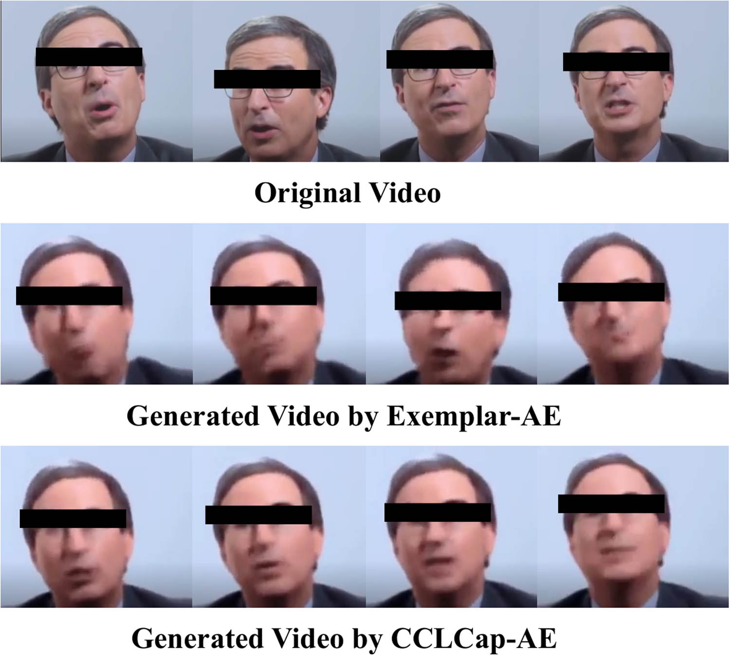 Figure 6
Visual comparison of the generated audio–visual stream for both Exemplar-AE and CCLCap-AE generated videos with the original video.