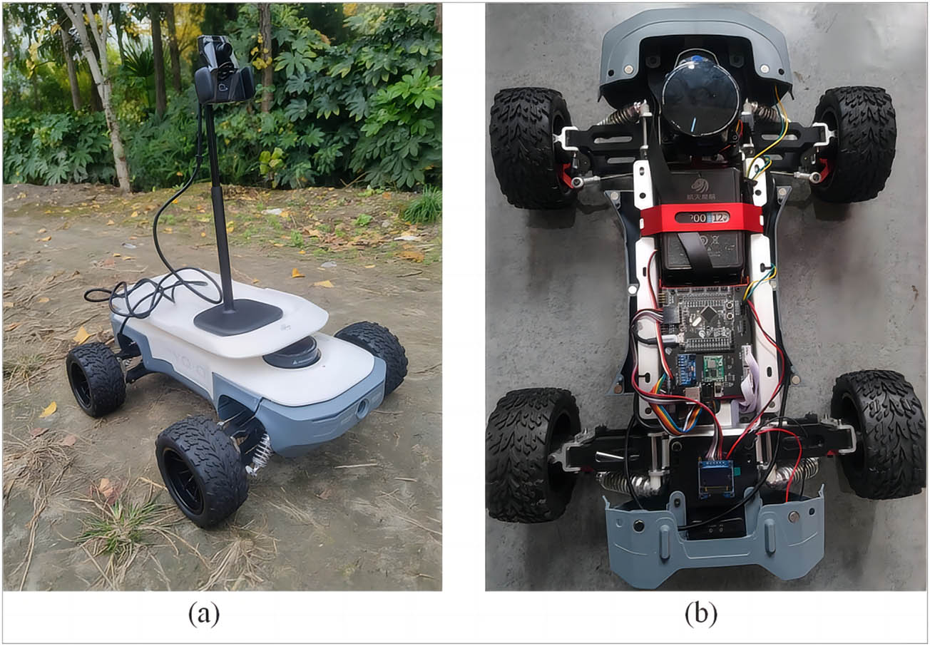 Figure 8
Outdoor testing robot: (a) modified robot and (b) Jetson Xavier NX-mounted module.