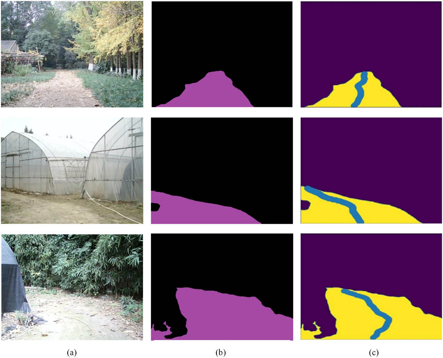 Figure 9
Visualization of the calculation results: (a) shows some examples of the results of the wild road image after camera distortion correction, (b) shows the wild road segmentation results, and (c) shows the road centerlines extracted from the segmented wild road.