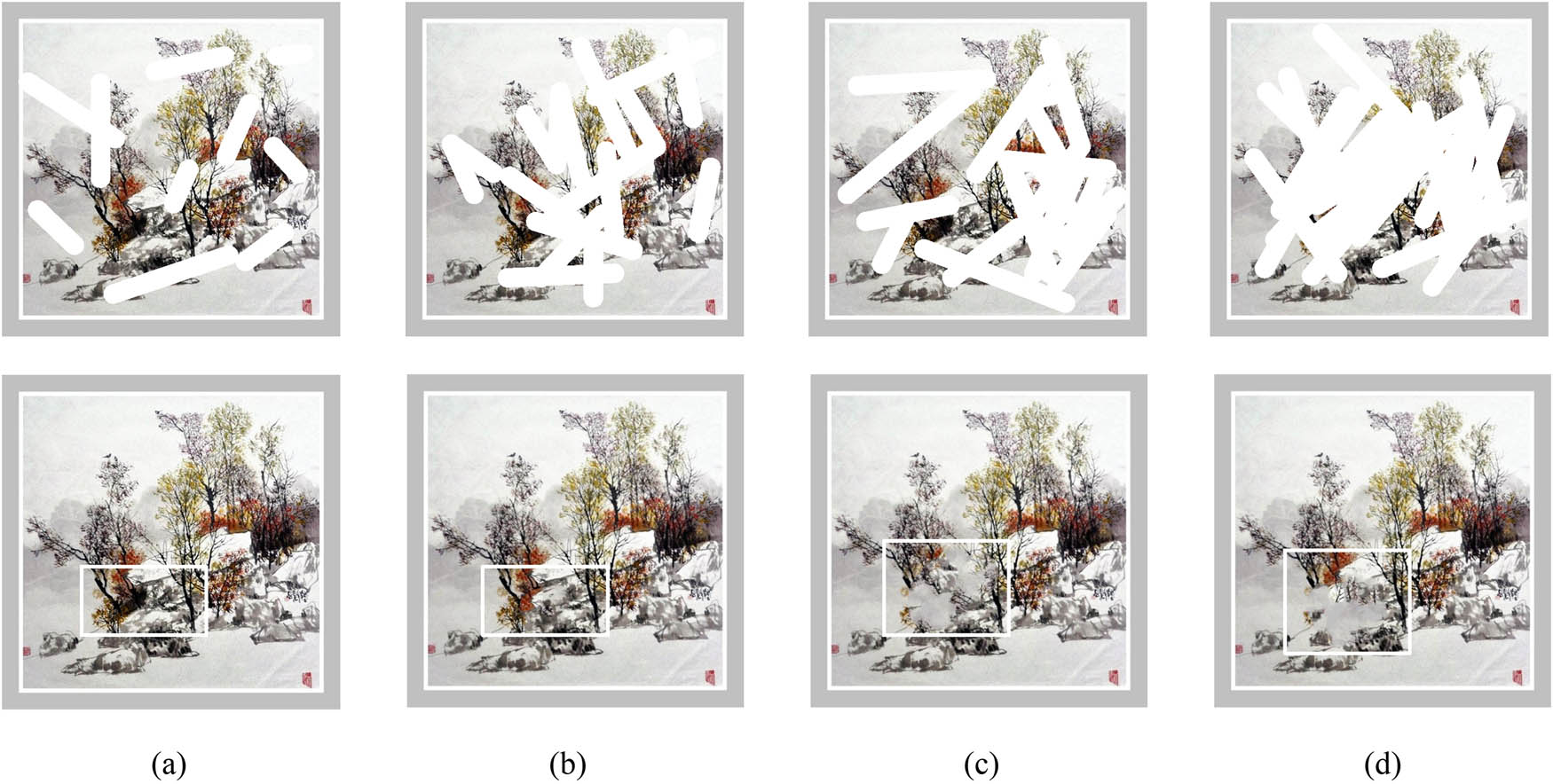 Figure 6
Image repair results for irregular areas: (a) 0–20%, (b) 20–30%, (c) 30–40%, and (d) 40–50%.