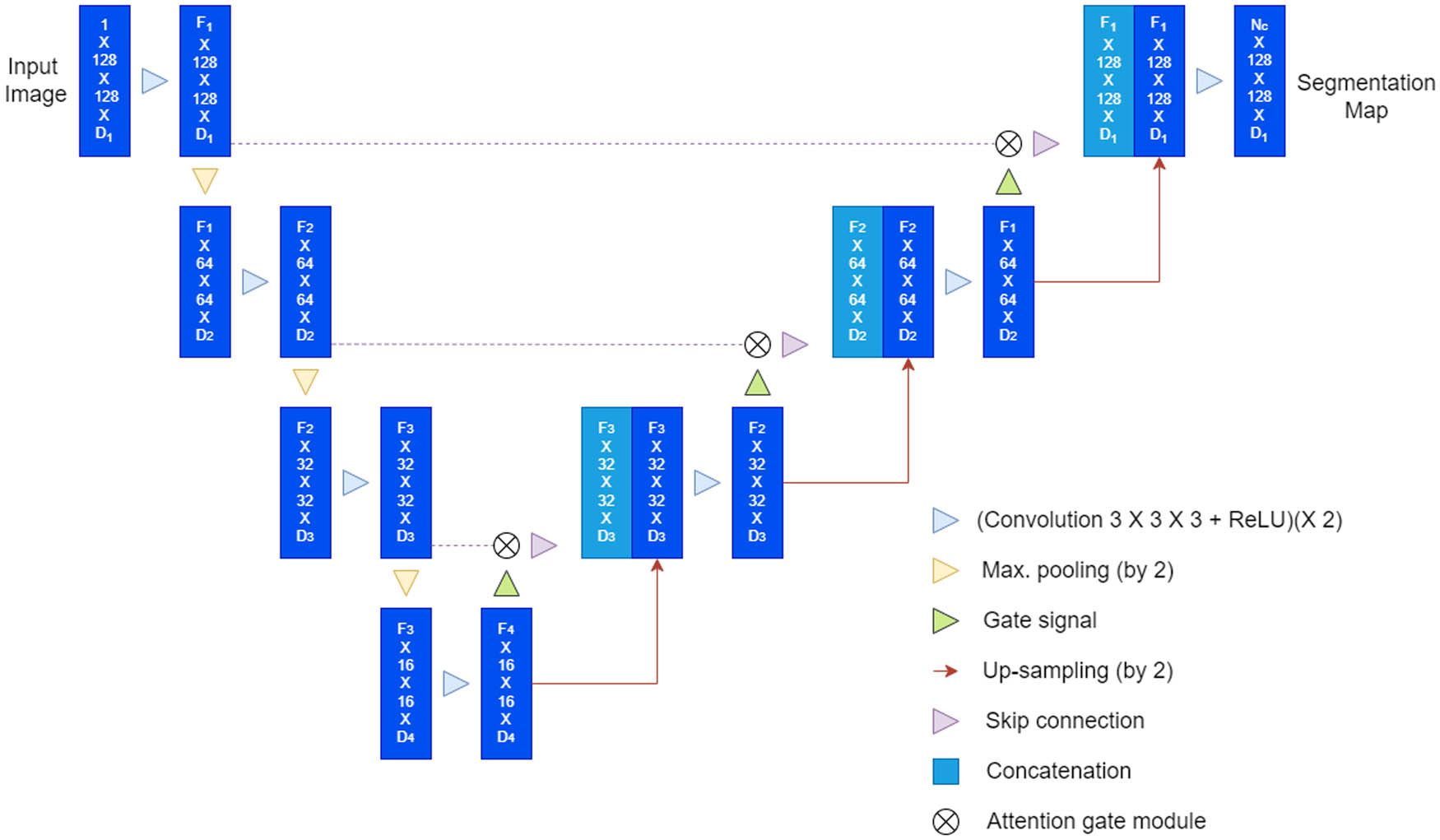 Figure 5 
                     Diagrammatic representation of the Attention U-Net model created by authors based on [40].
                  
