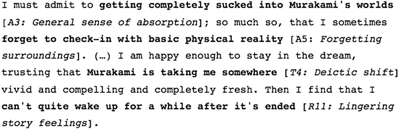 Figure 1: 
Excerpt from a review posted on Goodreads about Haruki Murakami’s The Wind-up Bird Chronicles. In between square brackets, the annotation categories that are matched to the segments in the review are stated.