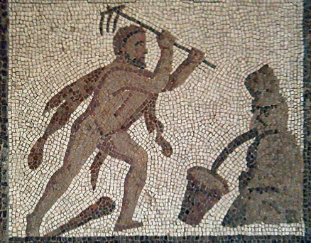 Abb. 3: Mosaik der Zwölf Arbeiten des Herakles. Die Ausmistung des Augiasstalles. Liria, Valencia (Spanien). Foto: Wikipedia Commons.