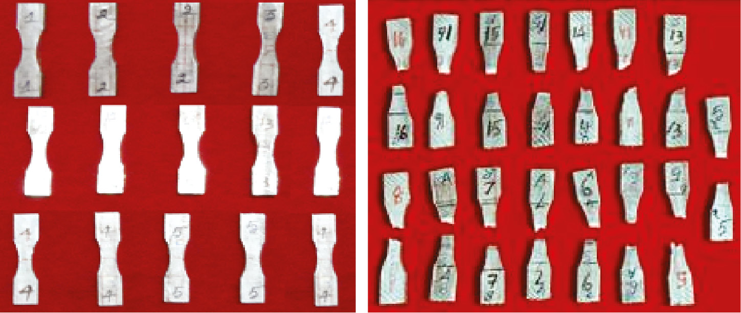 Figure 4: Photograph of tensile test specimen.(A) Before test and (B) after test.