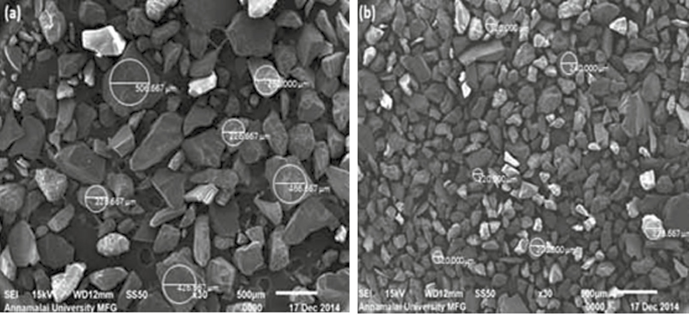 Figure 7: Scanning electron micrograph of silica sand.(A) Before erosion corrosion test, (B) after erosion corrosion test.