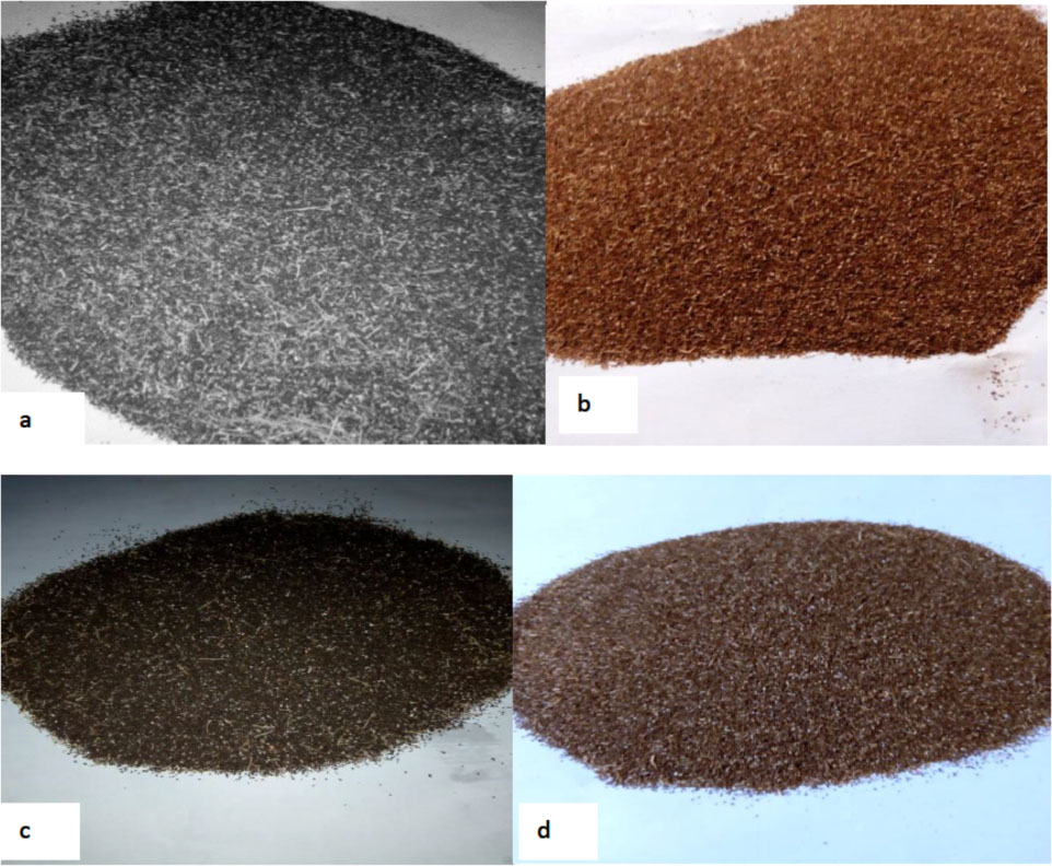 Figure 2 (a) 250 μm PKS sample, (b) 250 μm CNS sample, (c) 420 μm PKS sample, (d) 420 μm CNS sample