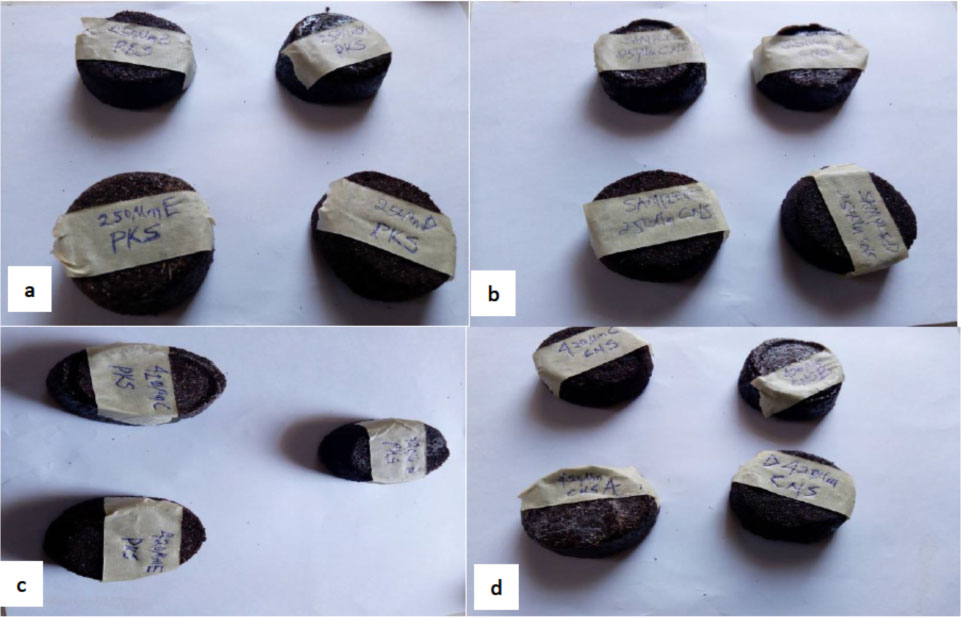 Figure 4 Composites abrasive sandpaper matrix from (a) PKS of 250 μm sieve size (b) CNS of 250 μm sieve size (c) PKS of 420 μm sieve size (d) CNS of 420 μm sieve size
