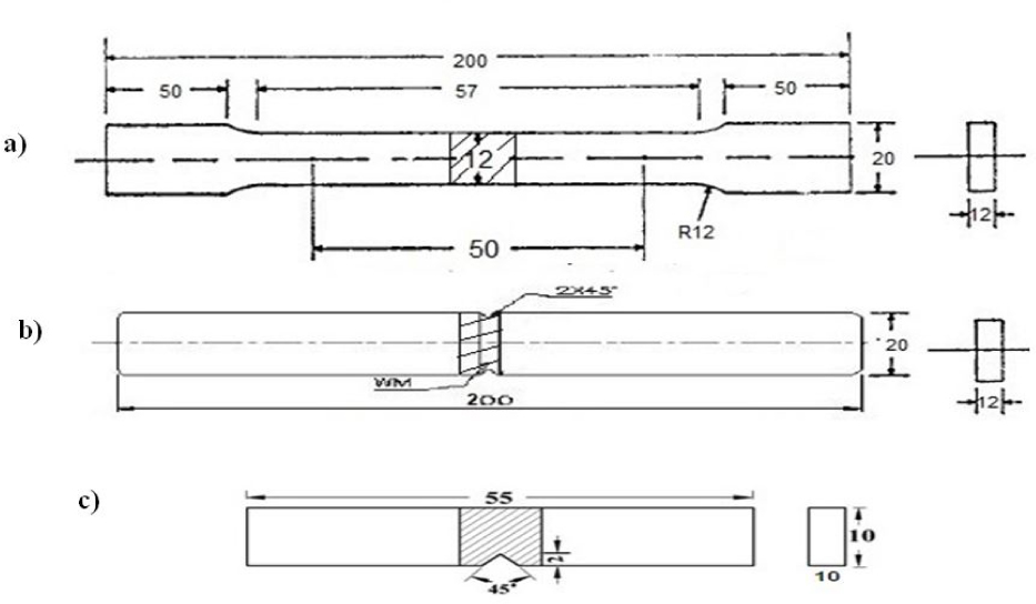 Figure 5 Dimensions of the specimens: a) smooth tensile specimen, b) notch tensile specimen, c) impact toughness specimen.