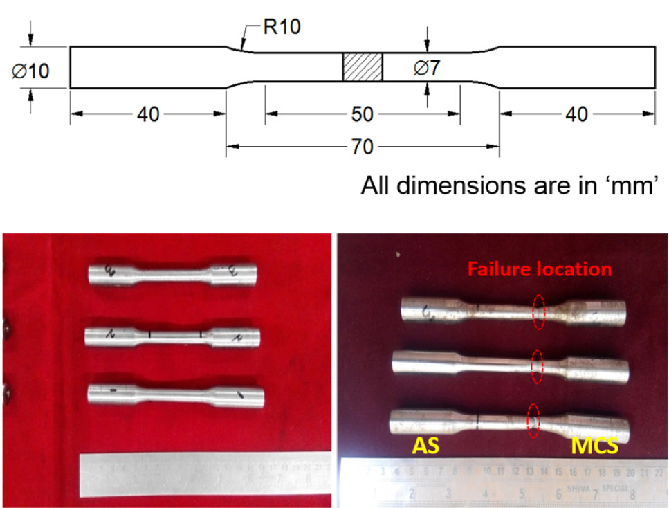 Figure 3 Dimension details and photograph of smooth tensile specimens.