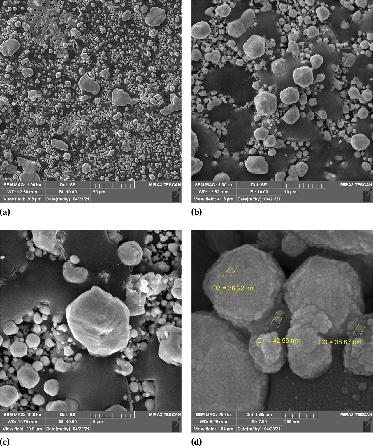 Figure 2 FE-SEM images describe the surface morphology and particle size of Ag2O NPs with four different magnifications (a) 1KX, (b) 5 KX, (c)10 KX, and (d) 200 KX.