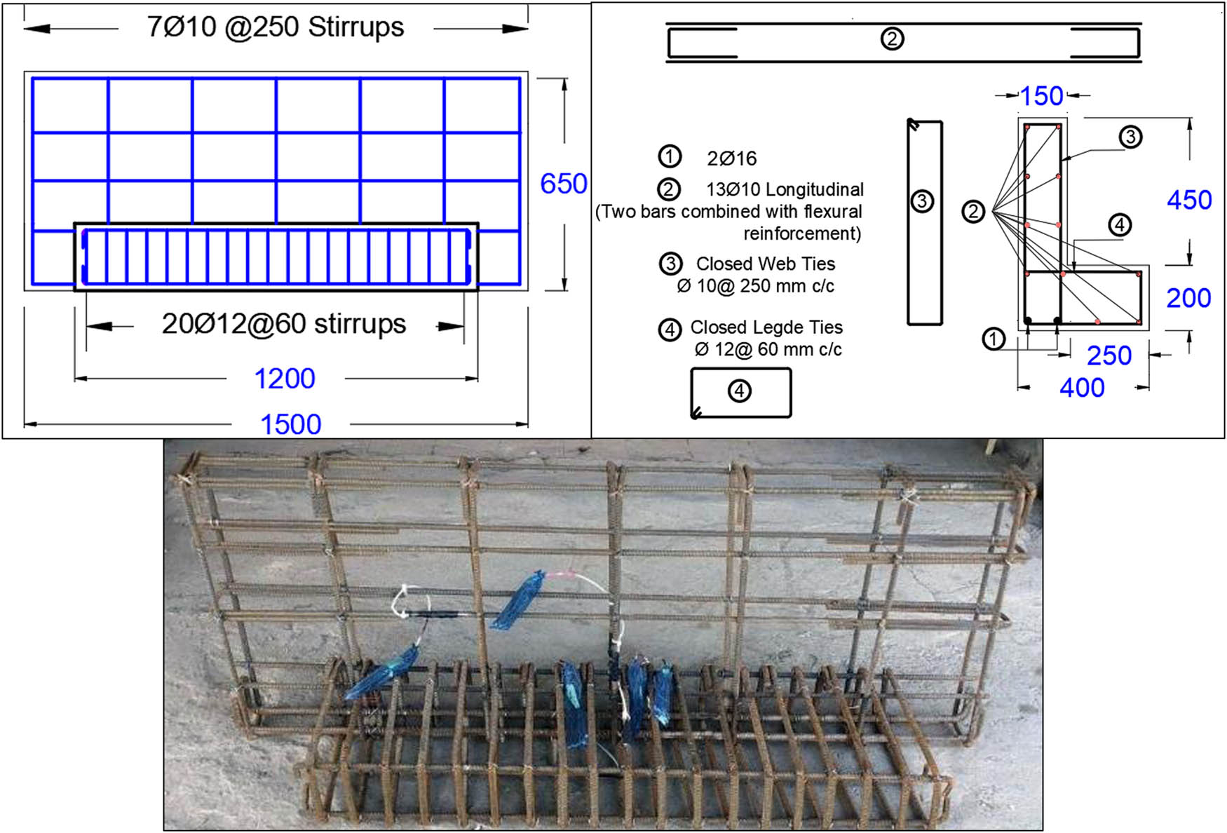 Figure 3 
                  Reinforcement details for tested spandrels of group I (all dimensions are in mm).
               