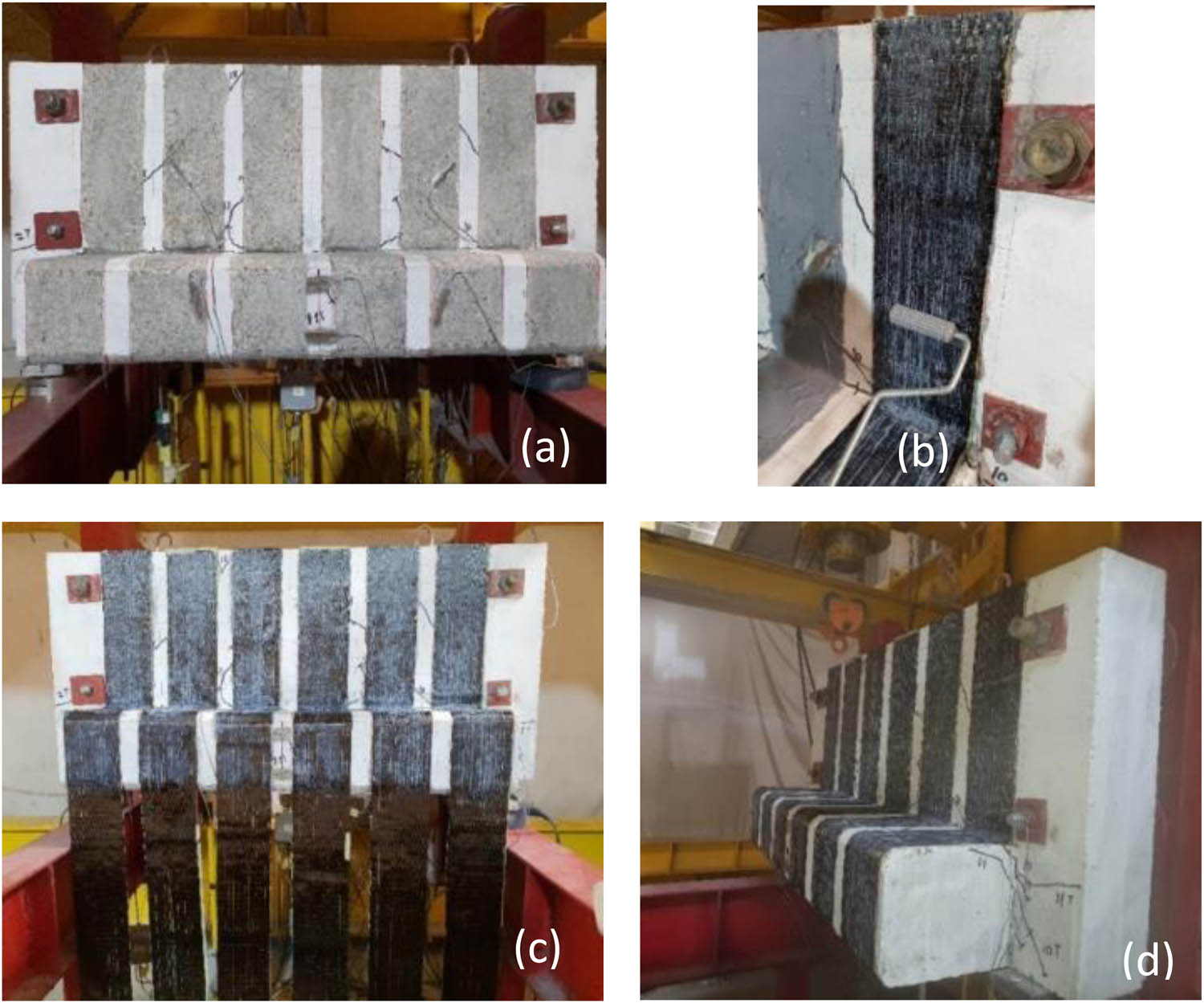Figure 6 
                  Strengthening procedure: (a) grinding of concrete, (b) application of CFRP and epoxy, (c) front face after application of CFRP, and (d) final form after the application of CFRP.
               
